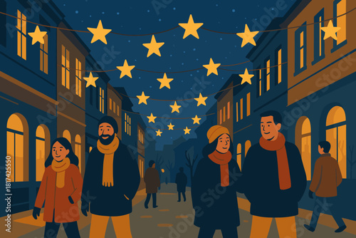 People passing under glowing stars illustration atmosphere yet vector street winter
