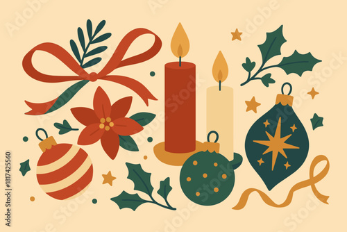 Arrangement flat abstract composition candles festive still illustration ornament arranged balanced vector