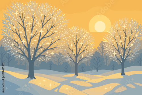 Vector sunset golden trees natural branches glitter effect glistening illustration sparkle frosty