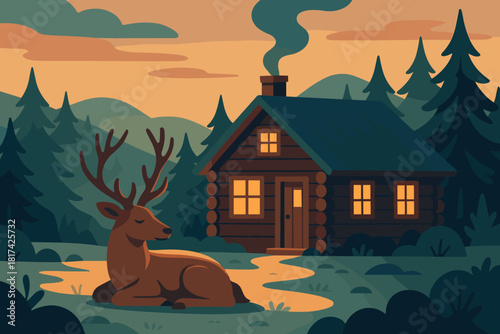 Outside vector color reindeer through illustration retreat home as windows resting cozy