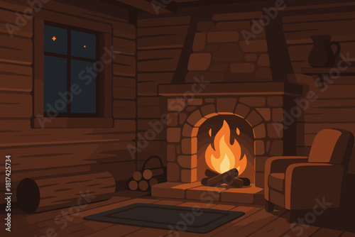 Flickering cozy tranquil walls fireplace vector illustration firelight shadows night cabin gentle