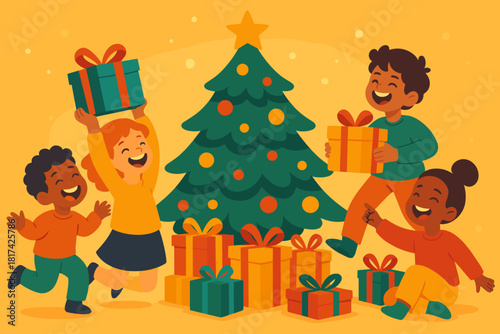 Illustration movement tree holiday vector joyful spirit colors celebration expressing cheerful playing