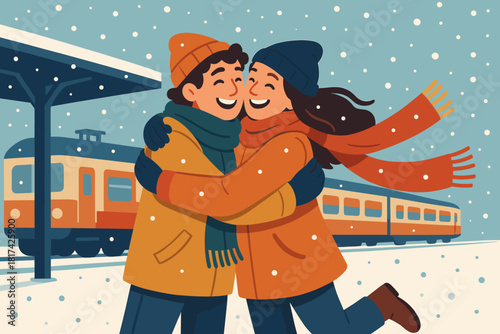 Snow illustration joyful scarves winter friends meeting vector under reunion snowy fluttering