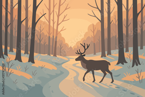 Illustration through vector movement trail along woods peaceful soft golden reindeer twilight