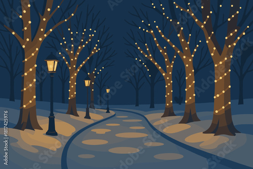 Illustration vector gentle snow gold lanterns park reflections walkway lined festive wrapped