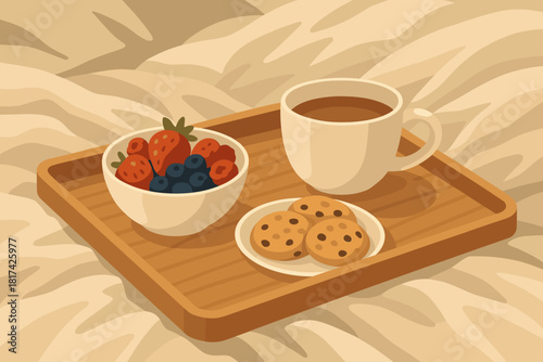 Breakfast bliss soft bed illustration light illuminating blanket cozy cookies tray vector
