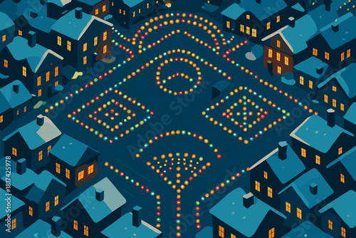 Festive glow illustration illumination organized snow patterns view illuminated reflecting colorful vector