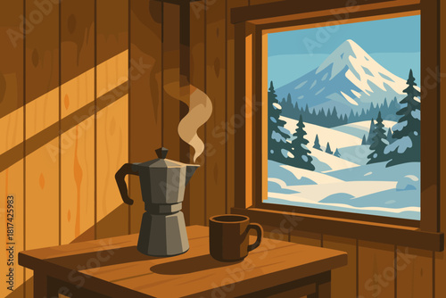 Morning vector cozy untouched steaming hitting pot illustration interior outside sunlight mountain