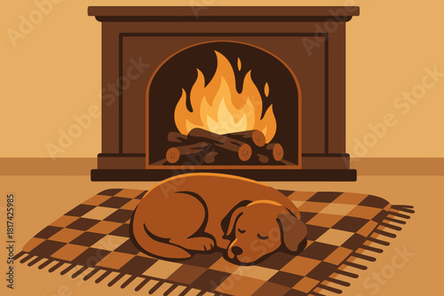 Logs cozy vector fireplace comfort glowing checkered dog throw curled creating illustration