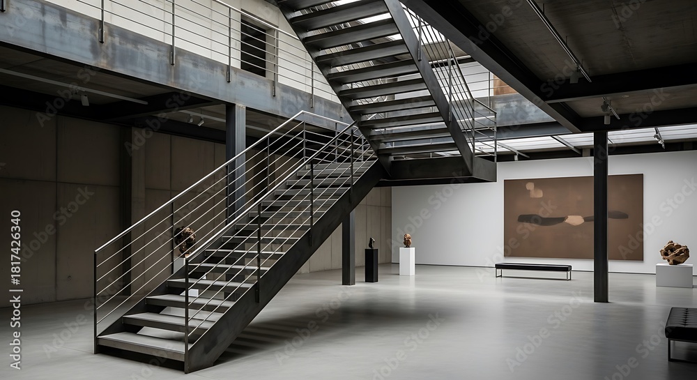 Fototapeta premium Architectural gallery interior featuring metal staircase and modern art exhibits, a harmonious blend of design