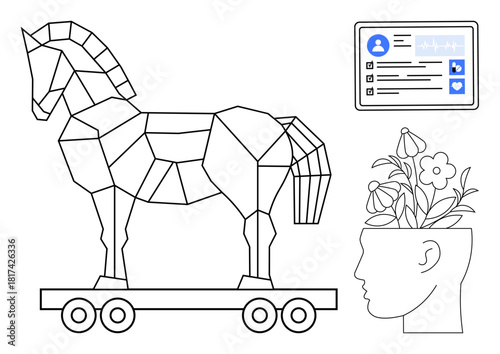 Geometric Trojan horse on wheels, online profile page, and a human head with blooming flowers. Ideal for cybersecurity, innovation, privacy, creativity, psychology strategy technology. Simple flat
