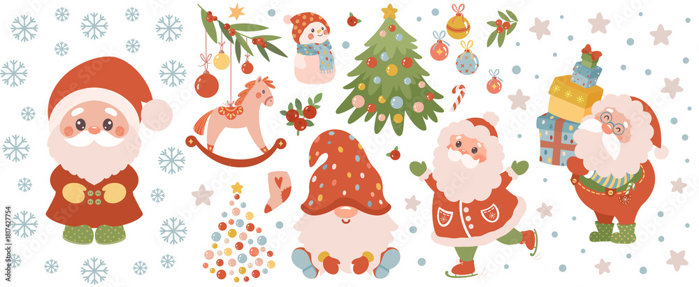 Fototapeta premium A cute Christmas clipart set with a gnome, decorated Christmas tree, Santa Claus, Scandinavian horse, mistletoe and winter holiday elements. Merry Christmas!