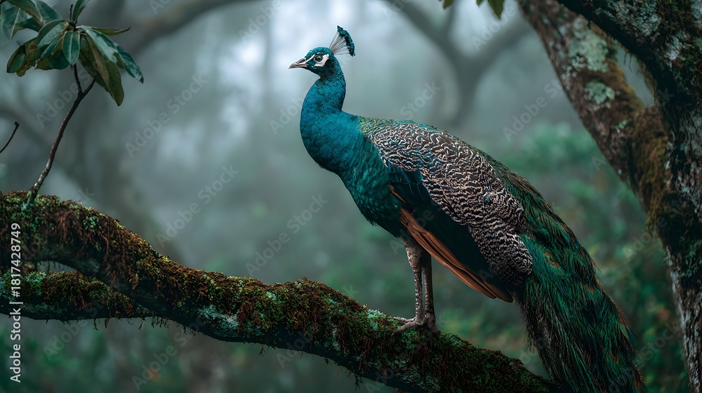 Naklejka premium Majestic Peacock Perched on a Mossy Tree Branch in a Misty Forest.
