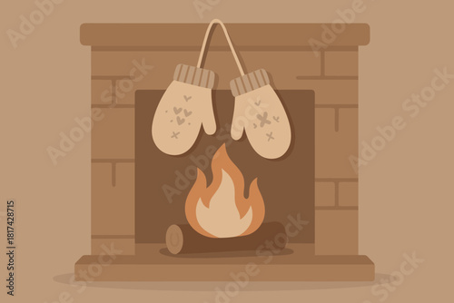 Vector simplicity hanging tones winter illustration near fire muted mittens shadows cozy