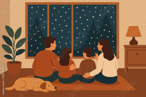 Illustration family vector combining beauty dog ambiance evening cozy gathered snowfall lying