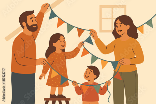 Calm smiles unity children teamwork decorating showing house vector illustration family joyful