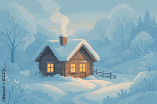 From rising roof cabin calm snow winter peaceful illuminating illustration cozy vector