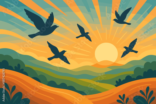 Harmony lines illustration optimism representing dawn flying birds glowing vector flight