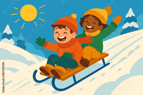 Illustration pure sun kids reflecting vector snowy hill bright holiday sled