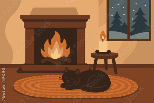 Crackling gentle vector walls woven cat cozy winter flicker retreat peaceful illustration
