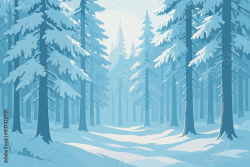 Trees forest tall vector pine illustration frosty blue untouched morning snow through