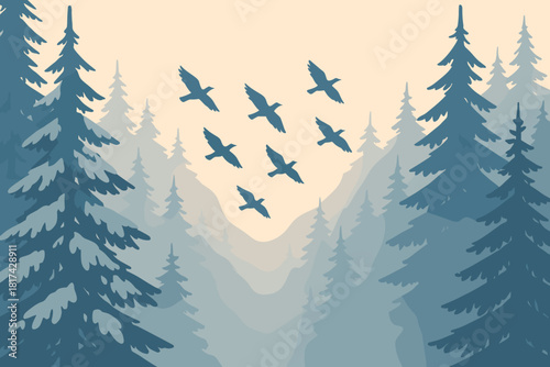Forest stillness morning flying rhythm freedom flight between vector trees early illustration