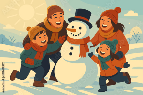 Vector joyful winter pure illustration scarves parents radiating snowman building outside reflecting