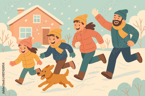 Illustration kids chase pet running liveliness joyful expressive vector winter movement pastel