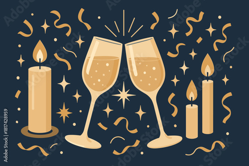 Vector champagne confetti scene twinkling elegant illustration creating candles near festive celebration