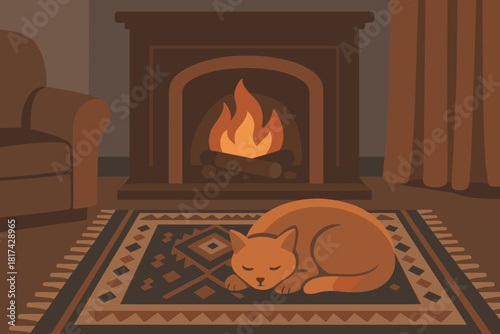 Gentle winter vector evening sleeping glowing patterned cat mood illustration embers cozy