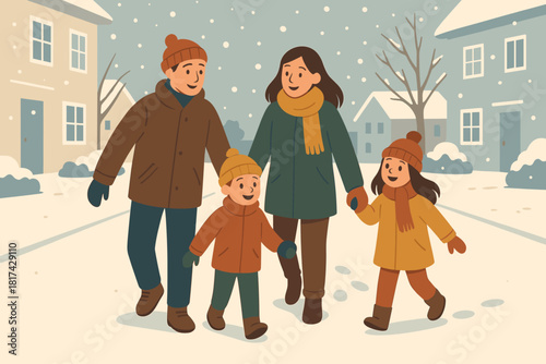 Winter family coats hats walking vector falling illustration snow stroll street
