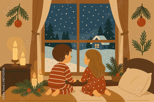 Ornaments inside wonder looking glowing winter vector illustration out morning pine christmas