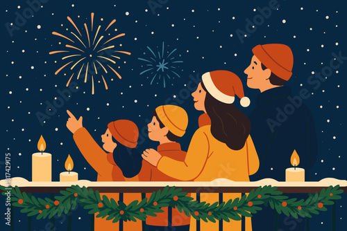 Illustration celebration pine mood balcony winter snow family vector night decorated