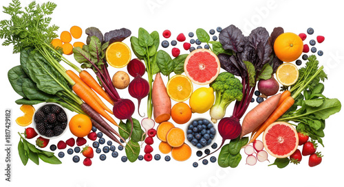 Vibrant selection of healthy fruits and vegetables, isolated on transparent background