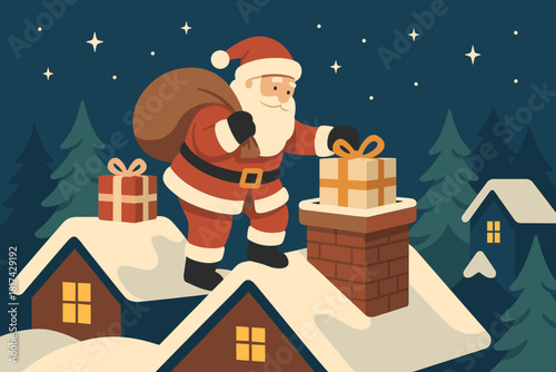 Chimneys rooftops trees lantern soft s vector twinkling illustration gifts santa rooftop