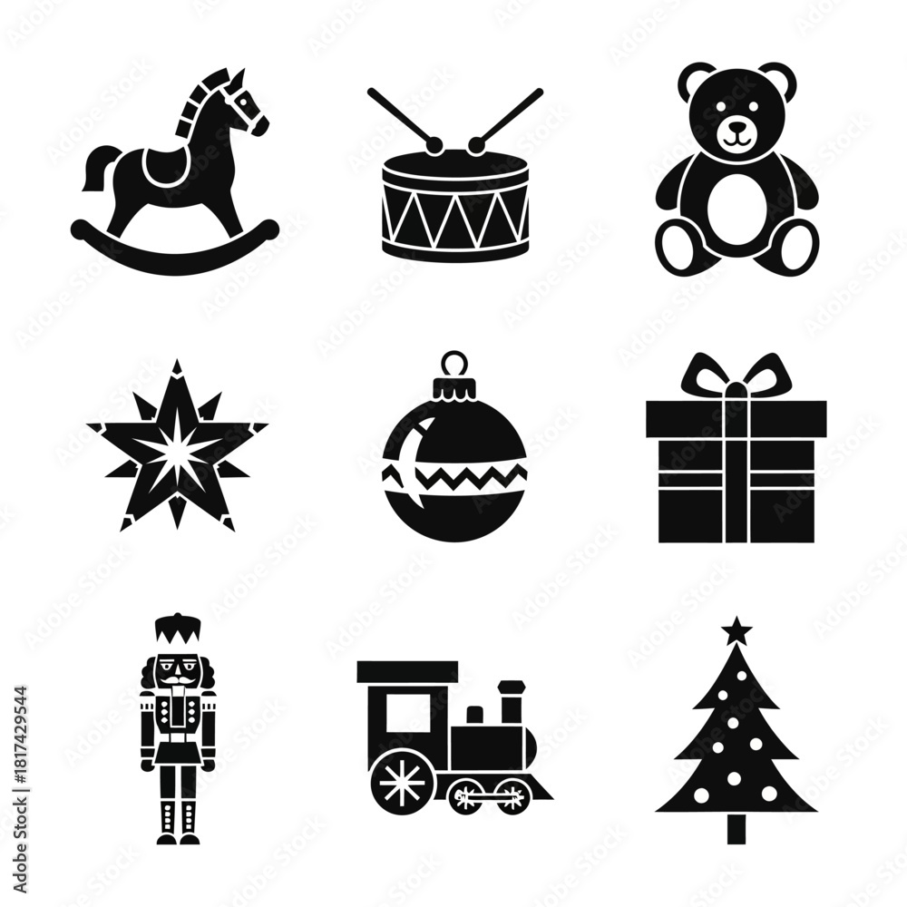 Fototapeta premium Christmas icon set including rocking horse, drum, teddy bear, star, ornament, gift, train, and tree in festive holiday
