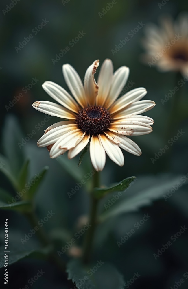 Obraz premium Close shot of fading white daisy flower with brown center. Wilting petals show age and fragility against dark green foliage background. Nature beauty at end of life cycle.