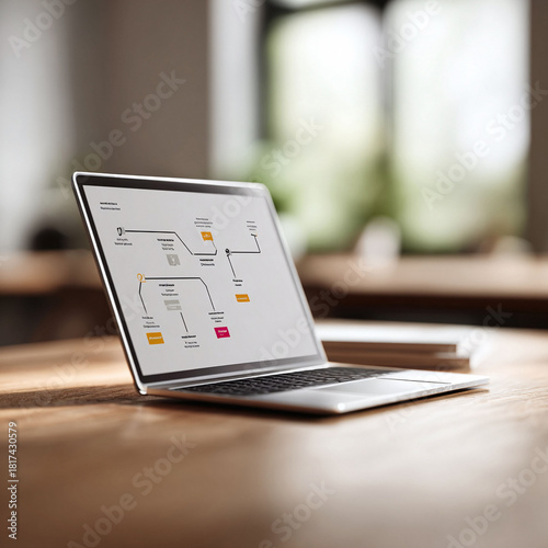 Laptop displaying a project flow chart on a desk. Illustrates planning, strategy, and workflow. Ideal for business, technology or creative concepts.