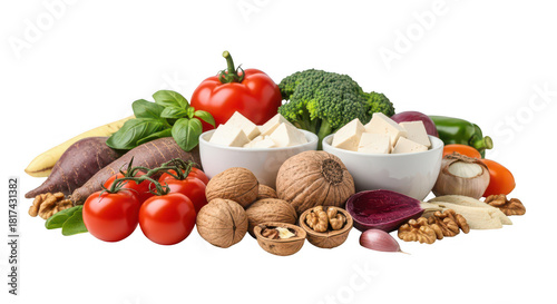 Healthy vegetables, nuts, and plant proteins for diet isolated on transparent background