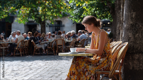 Fototapeta Naklejka Na Ścianę i Meble -  Woman in a floral dress enjoys coffee at a Parisian cafe. Represents leisure, travel, culture, and relaxation. Suitable for lifestyle and travel content.