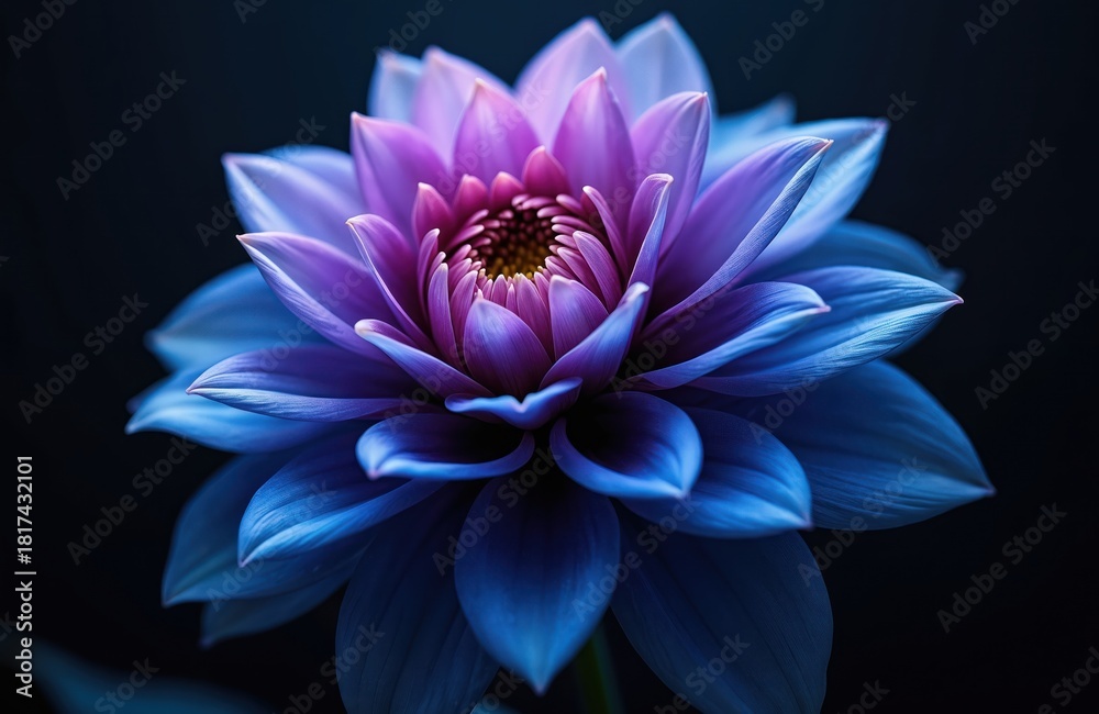 Fototapeta premium Close up photo of vibrant blue and purple flower blossom. The graphic illustration shows detailed petals with soft light and artistic style. Dark background provides contrast for the floral design.