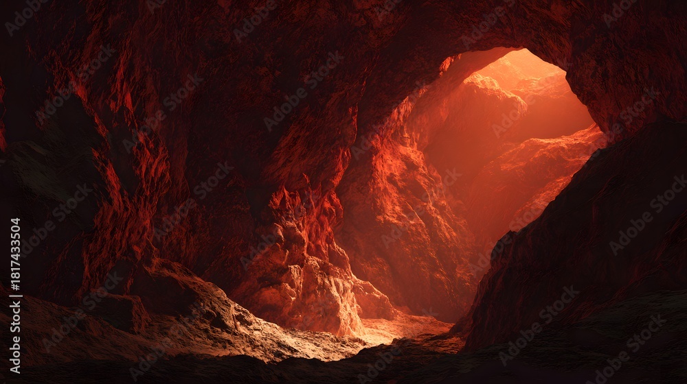 Fototapeta premium Mysterious glowing cave entrance with warm light illuminating the darkness.