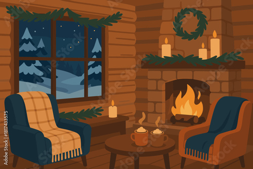 Cabin fireplace illustration retreat evening candles garlands glowing vector showing cozy winter