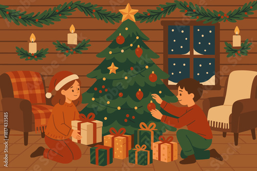 Cozy children candles cabin vector illustration scene falling softly gifts chairs christmas