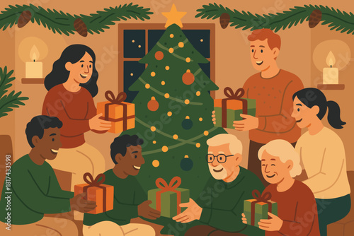 Gift from joyful exchanging vector exchange illustration winter indoor festive friends scene