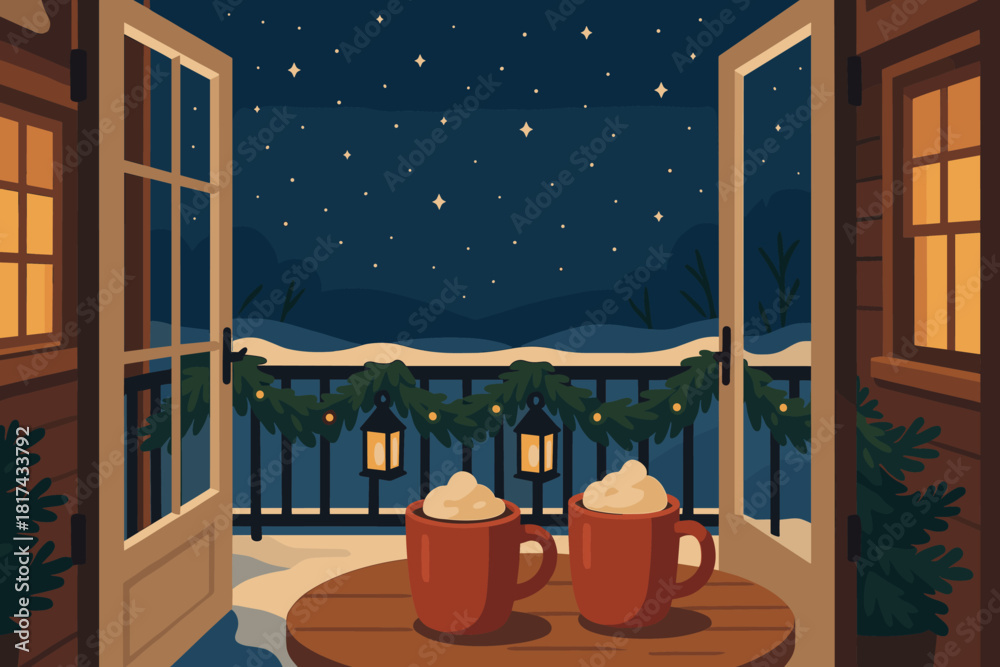 Obraz premium Winter festive windows starry snowy lanterns balcony vector view from illustration table
