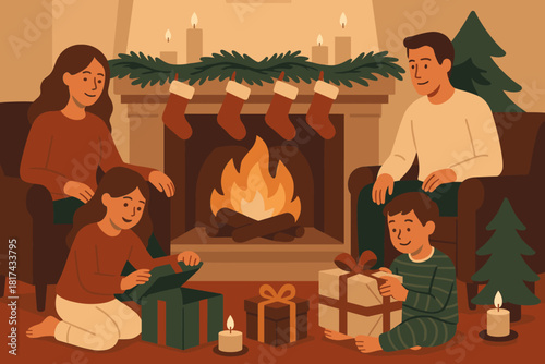 Decorating mantel holiday vector cozy gathering pine garlands illustration glowing children opening