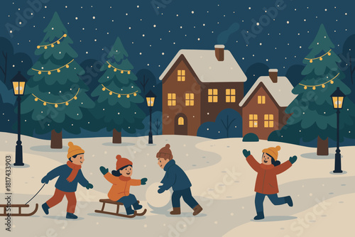 Along village square snowfall playing cottages windows trees illustration winter vector playtime