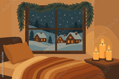 Village garlands bedroom cozy window vector winter candles illustration softly indoors glowing