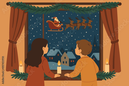 Night candles santa s falling snow looking out sleigh softly vector magical
